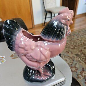 vintage pink and black ceramic rooster planter/wall pocket 1950s